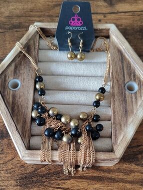 paparazzi Gold and Black Beaded Fringe Necklace with Matching Earrings